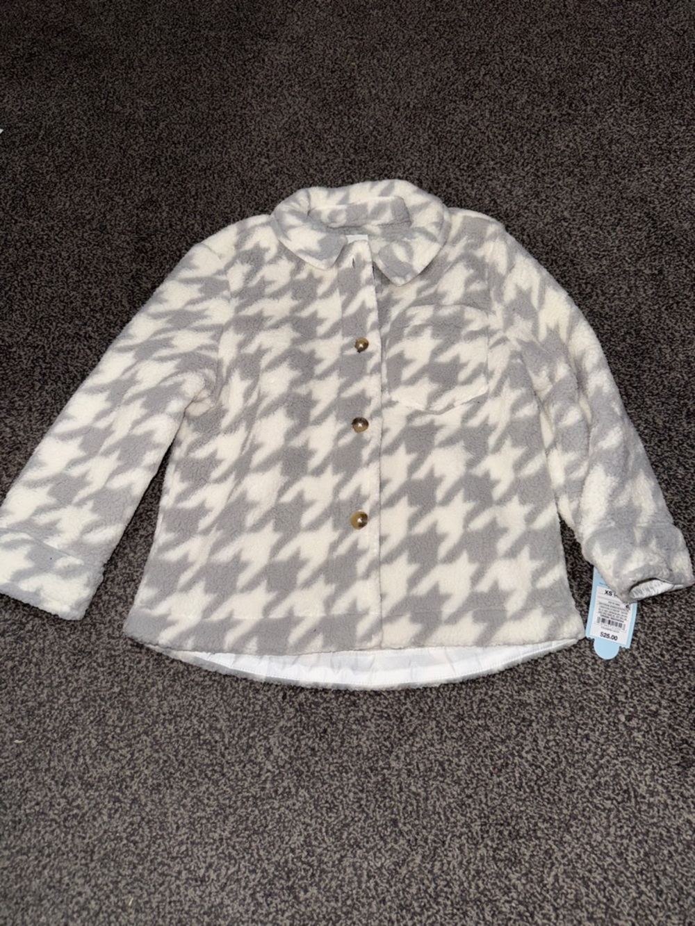 Cat & Jack Girls Houndstooth Fleece Jacket XS 4/5 Gray White Button Up Cozy NWT